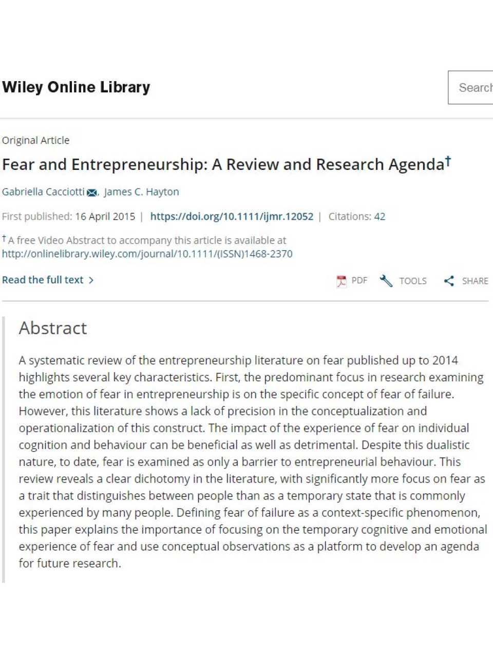 Fear and Entrepreneurship: A Review and Research Agenda
