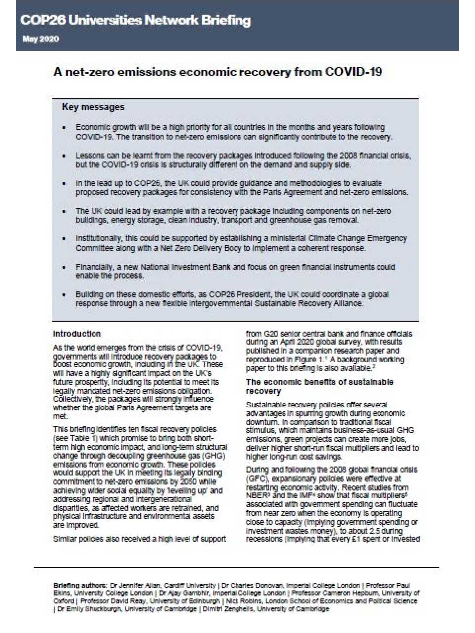 COP26 Universities Network Briefing. A net-zero emissions economic recovery from COVID-19