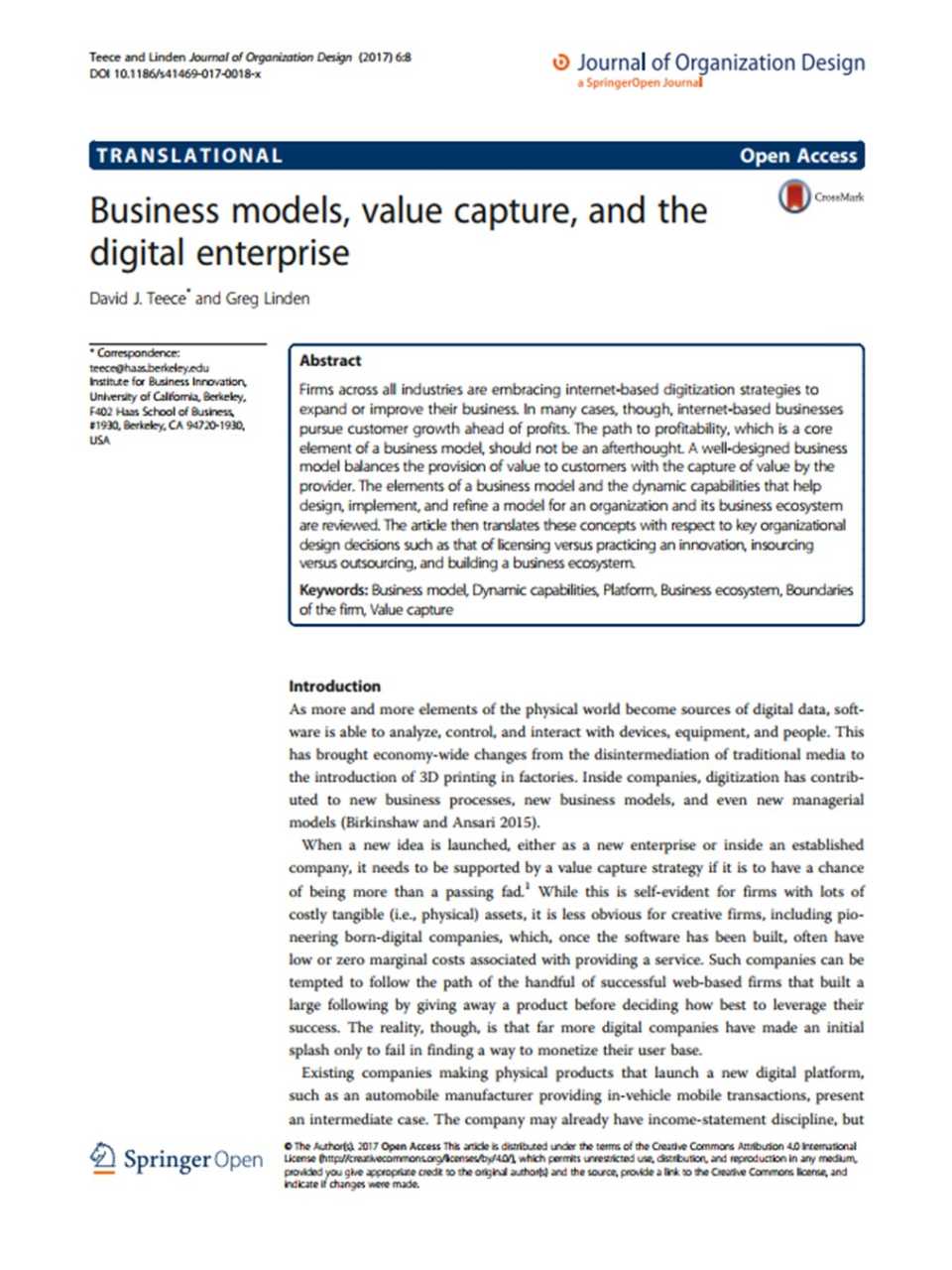 Business Models, Value Capture, and the Digital Enterprise