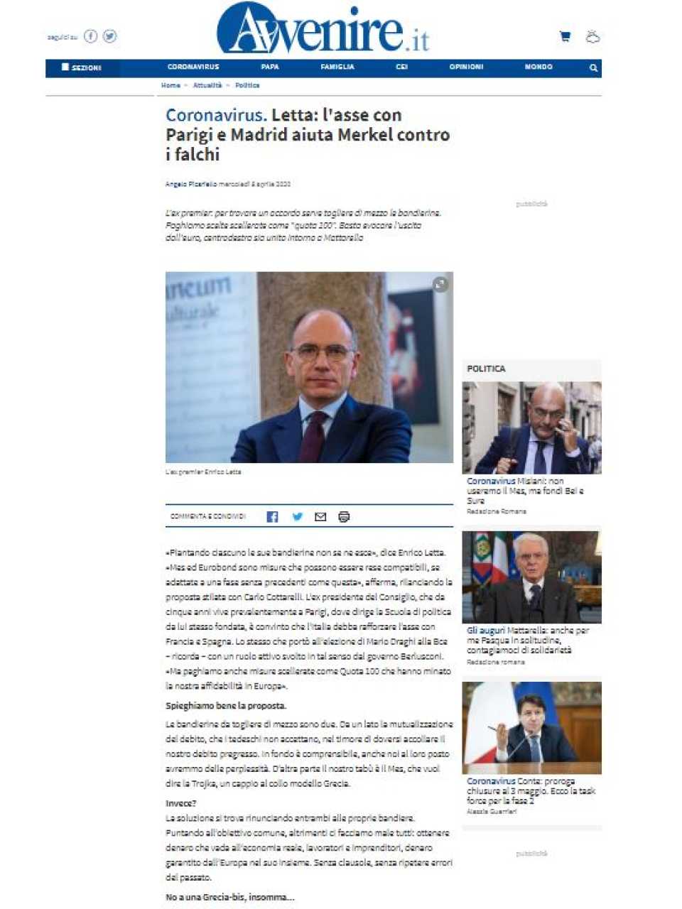 Coronavirus. Letta: l'asse con Parigi e Madrid aiuta Merkel contro i falchi