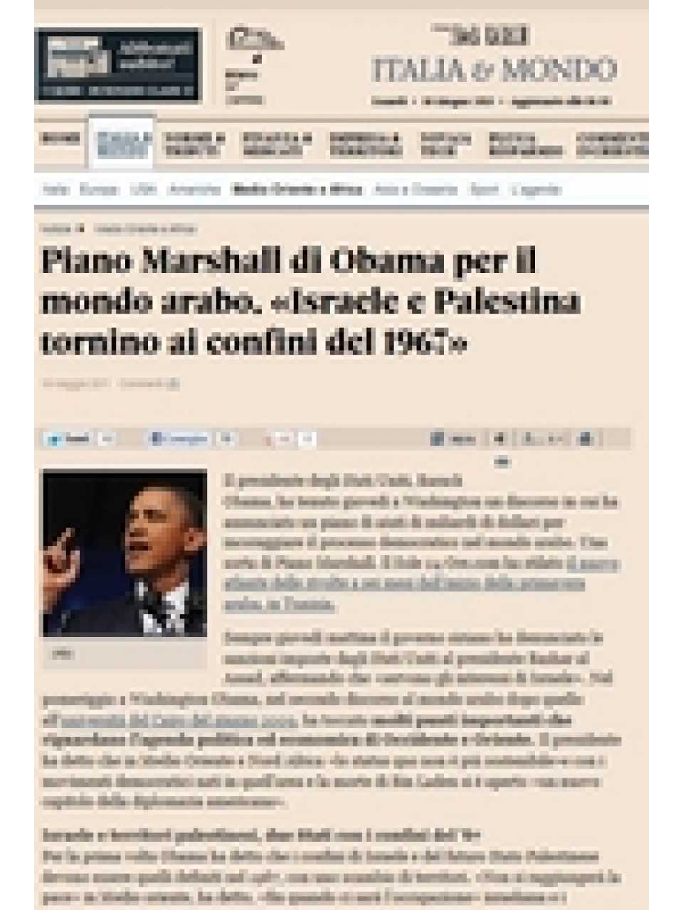 Piano Marshall di Obama per il mondo arabo. Israele e Palestina tornino ai confini del 1967