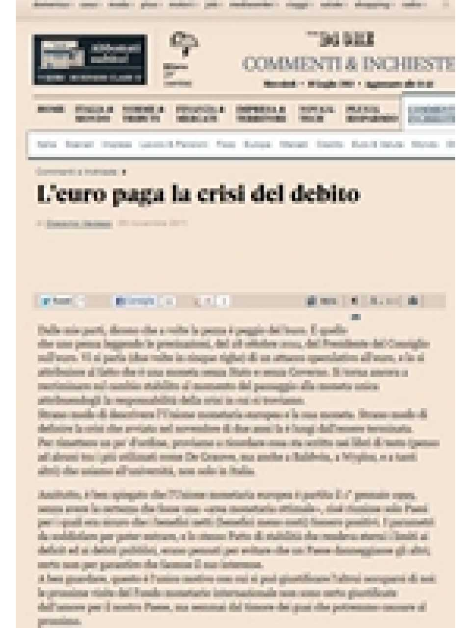 L'euro paga la crisi del debito