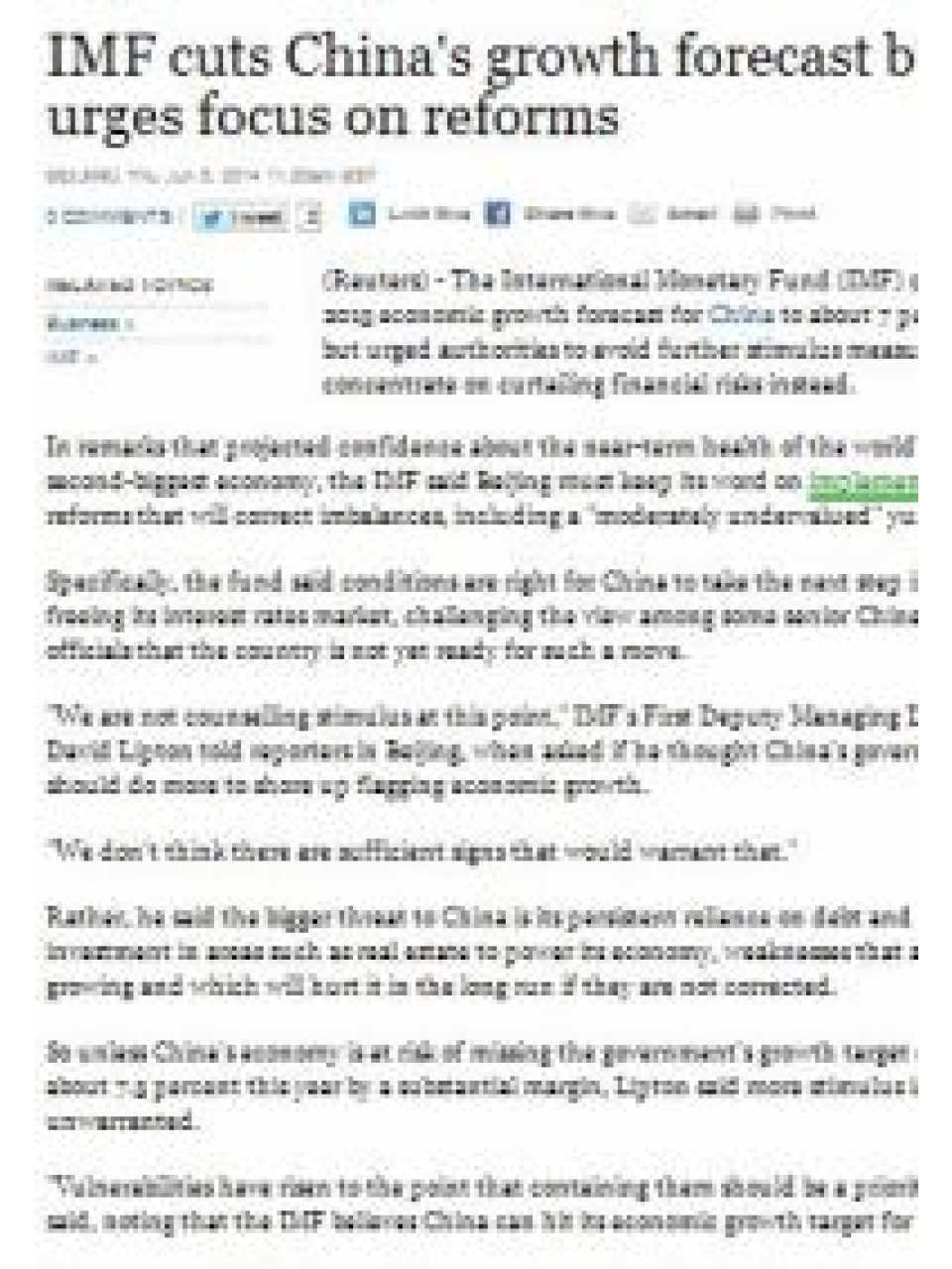 IMF cuts China's growth forecast but urges focus on reforms