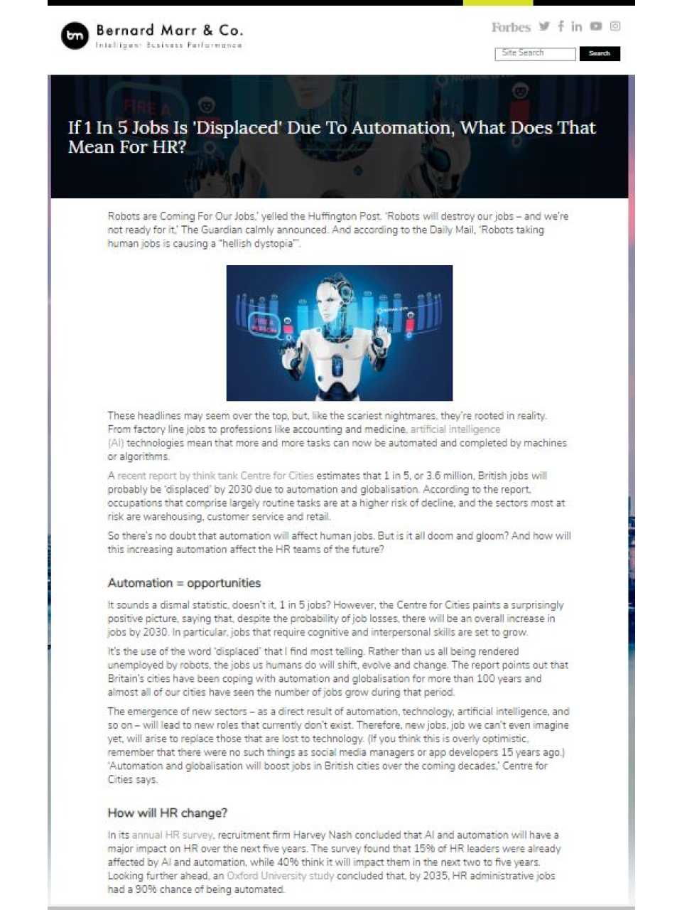 If 1 In 5 Jobs Is 'Displaced' Due To Automation, What Does That Mean For HR?