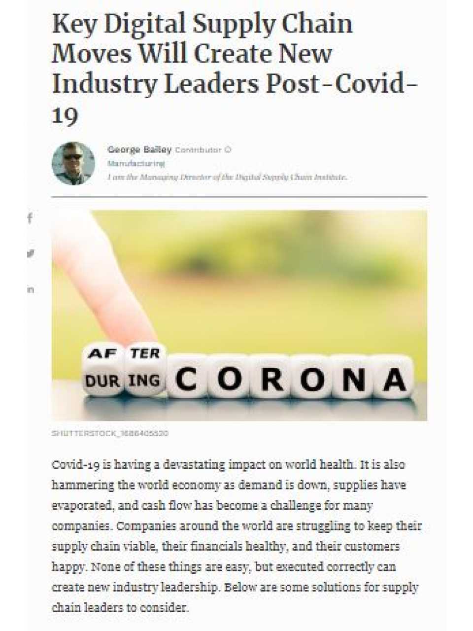 Key Digital Supply Chain Moves Will Create New Industry Leaders Post-Covid-19