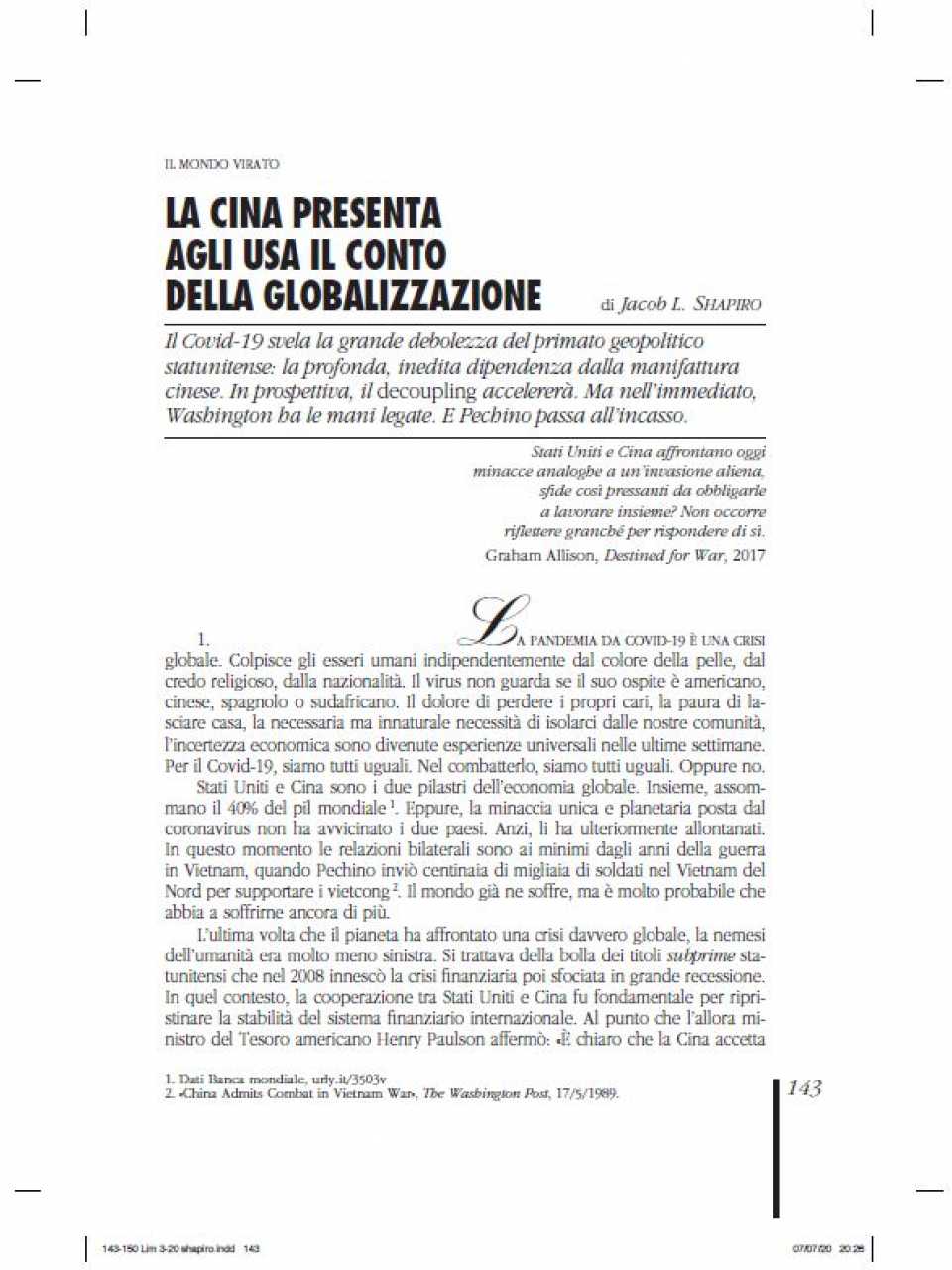 
Scenari globali e interesse nazionale: pandemia, continuità, cambiamento