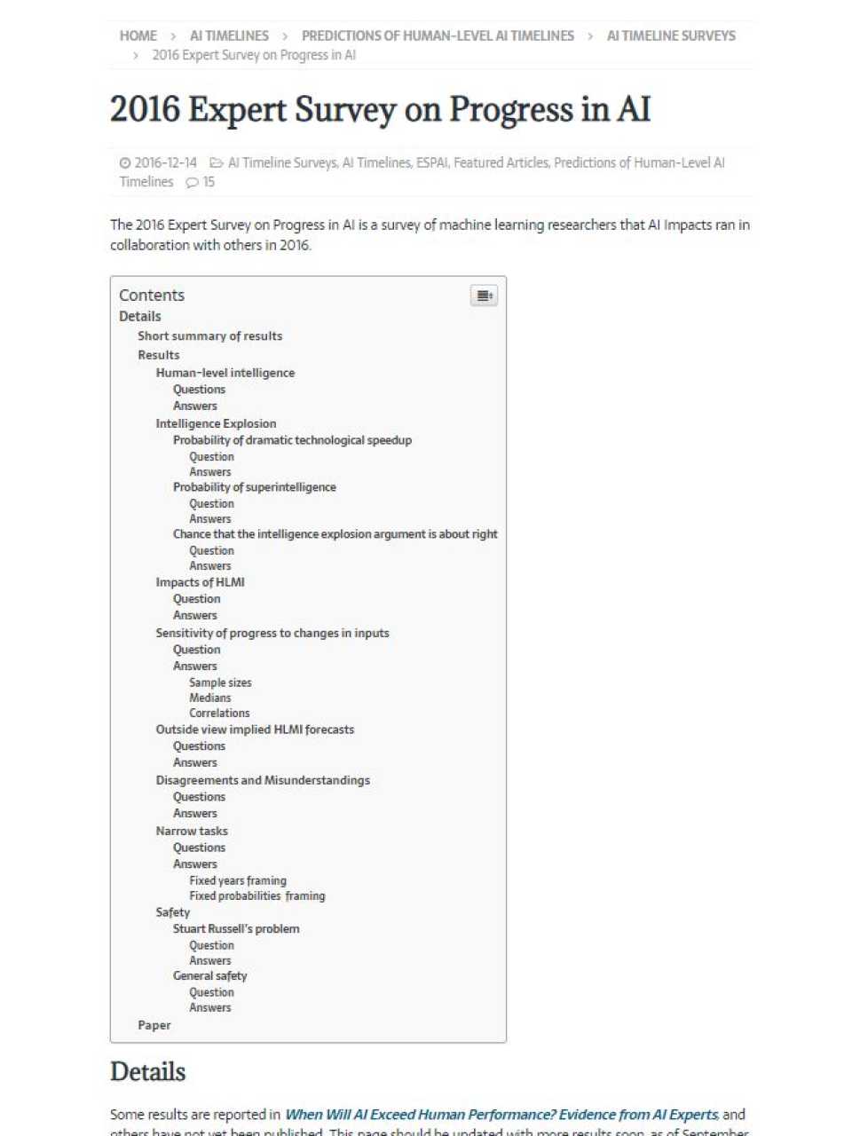2016 Expert Survey on Progress in AI