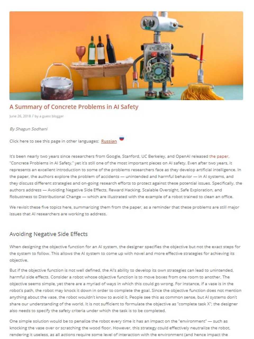 A Summary of Concrete Problems in AI Safety