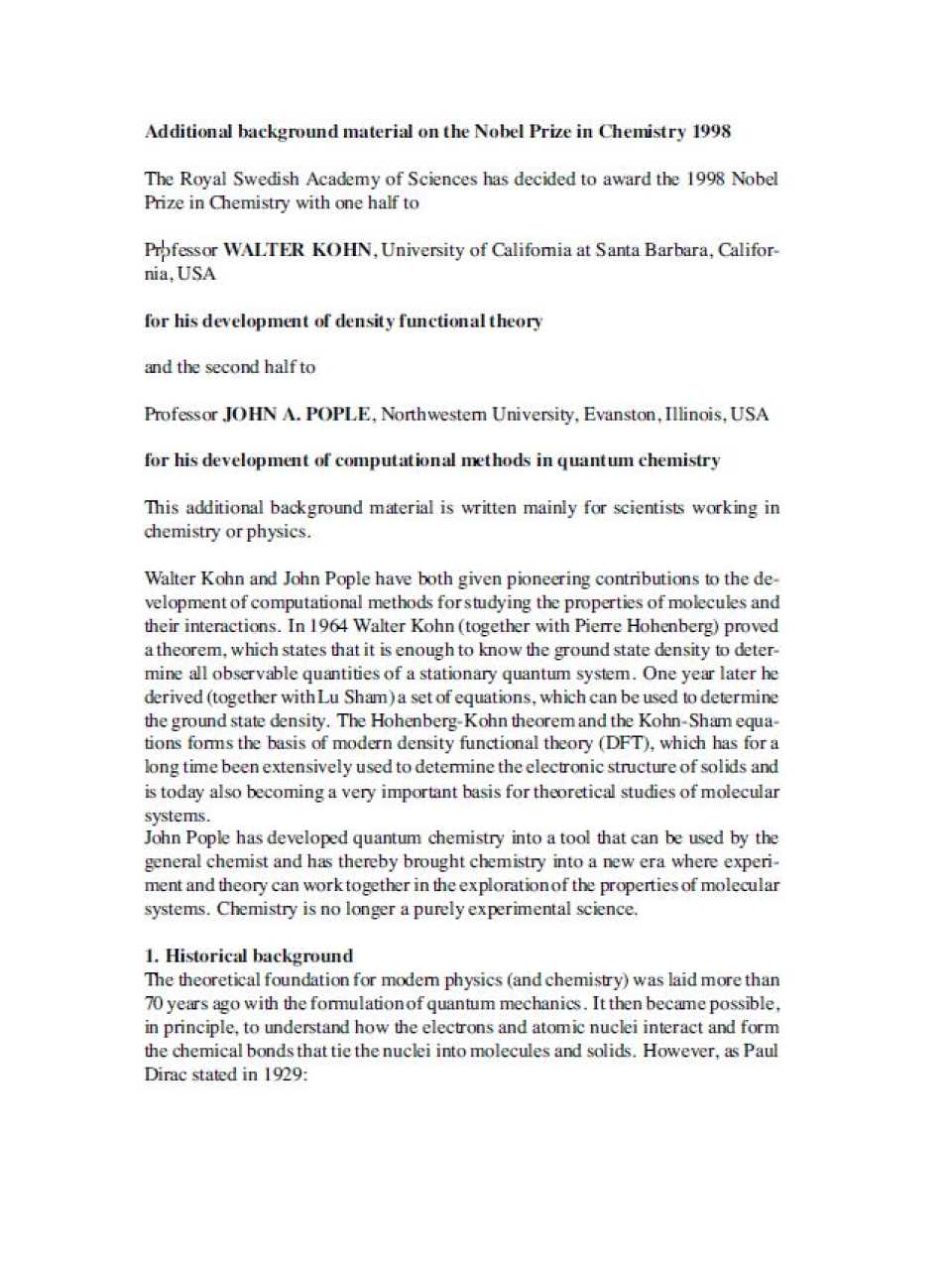 Additional background material on the nobel prize in chemistry 1998