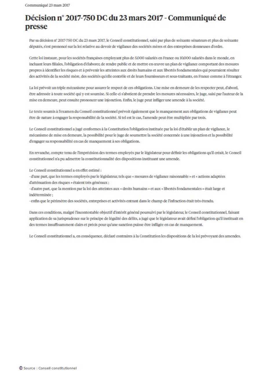 Conseil Constitutionnel de la République Française. Décision n° 2017-750 DC du 23 mars 2017 - Communiqué de presse