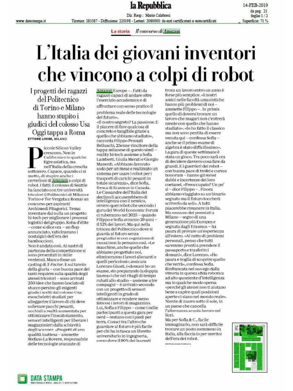 L'Italia dei giovani inventori che vincono a colpi di robot