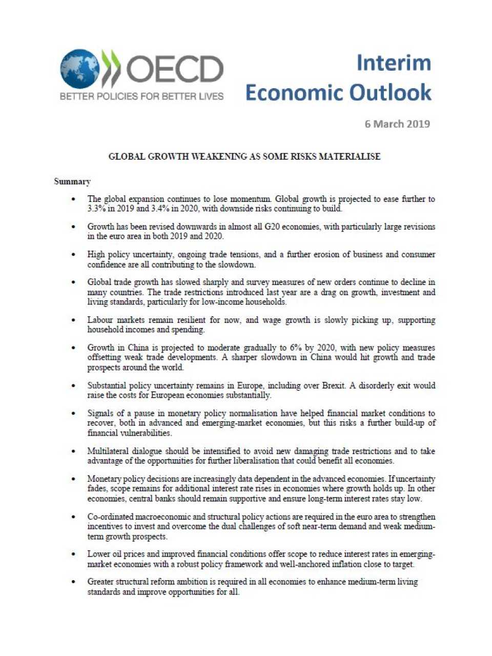 Global growth weakening as some risks materialise
