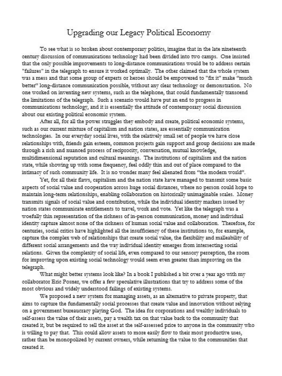 Upgrading our Legacy Political Economy