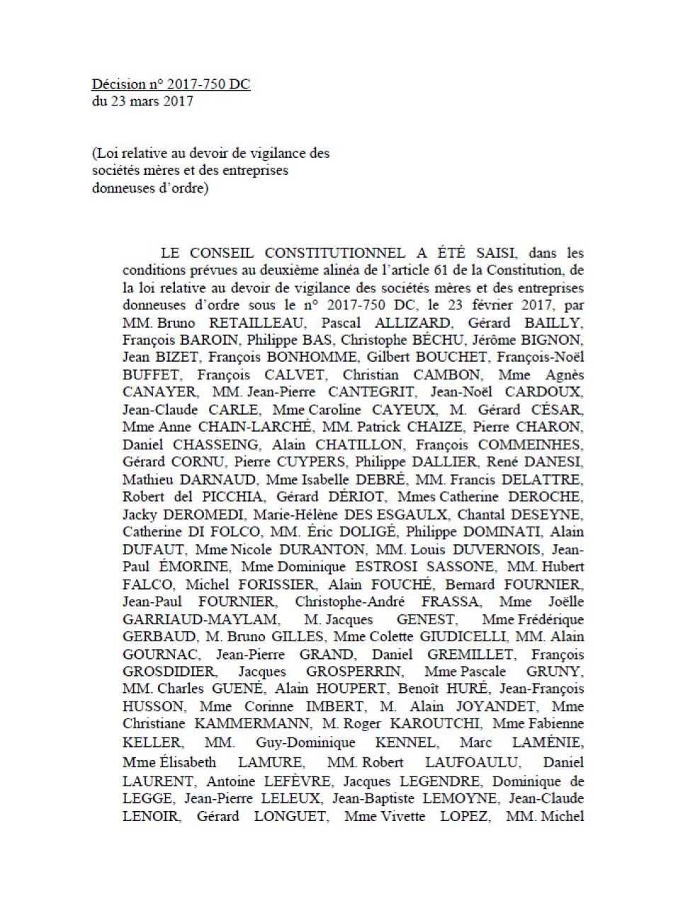 Conseil Constitutionnel de la République Française. Décision n° 2017-750 DC du 23 mars 2017. Loi relative au devoir de vigilance des sociétés
