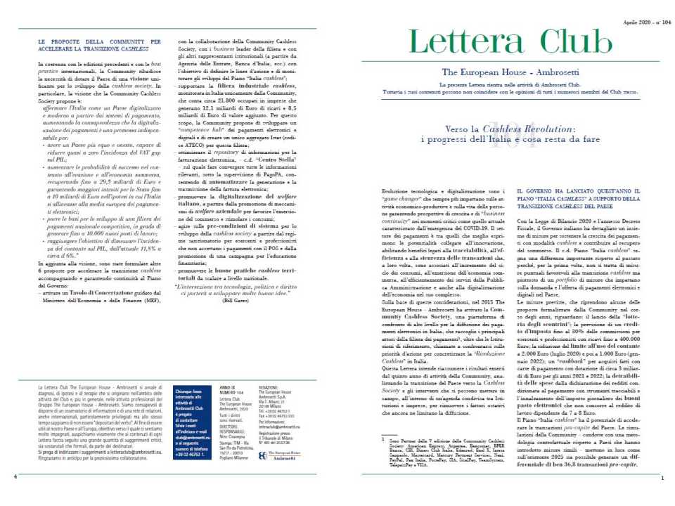 Letter Club n. 104 - Towards the cashless revolution: Italy's progress and what remains to be done