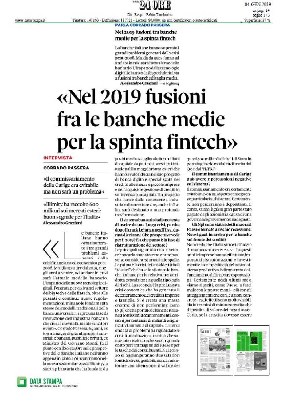 Nel 2019 fusioni fra le banche medie per la spinta fintech