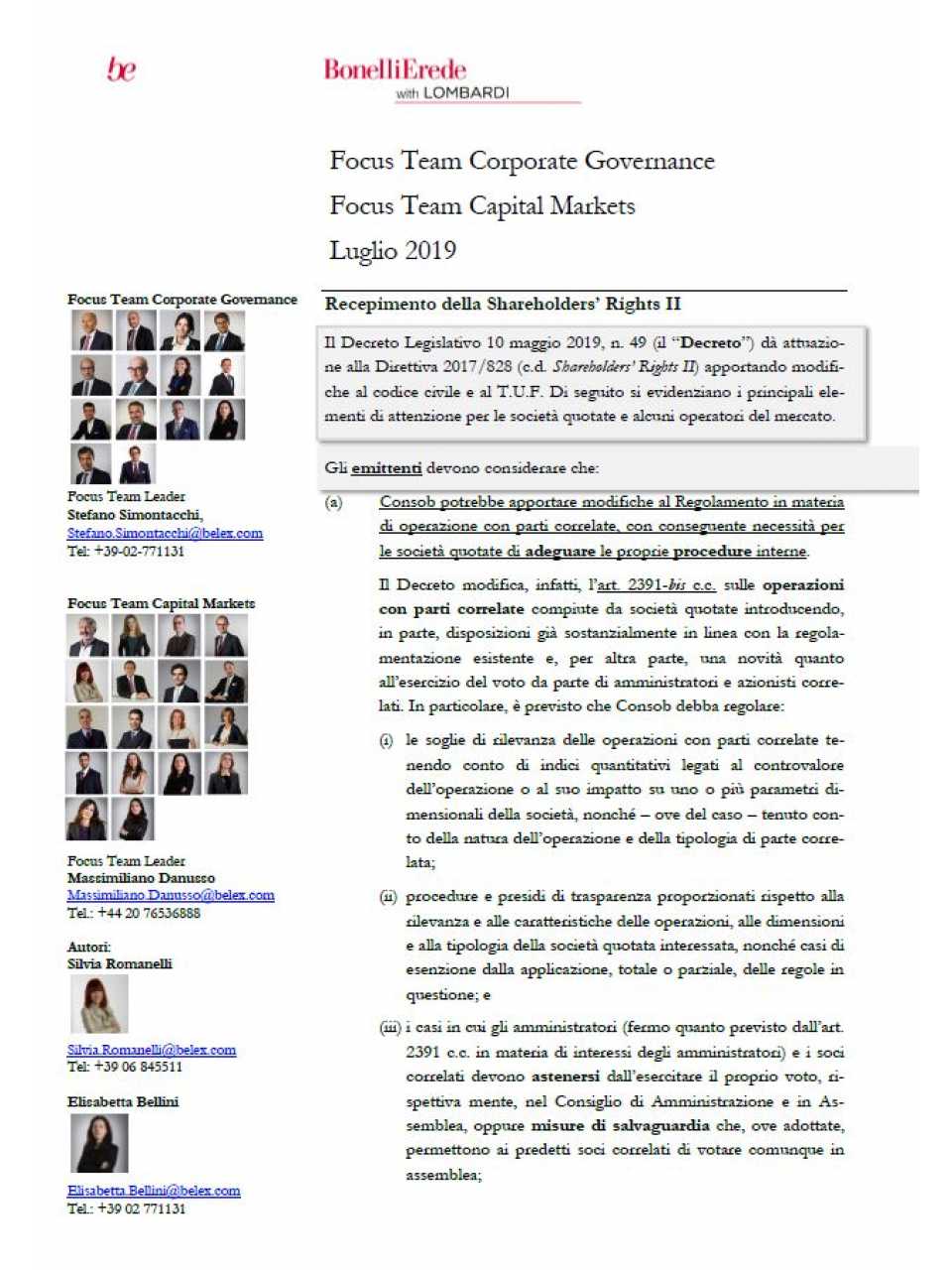 Recepimento della Shareholders' Rights II.Focus Team Corporate Governance. Focus Team Capital Markets.