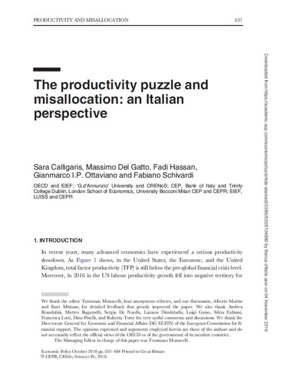 The productivity puzzle and misallocation: an Italian perspective