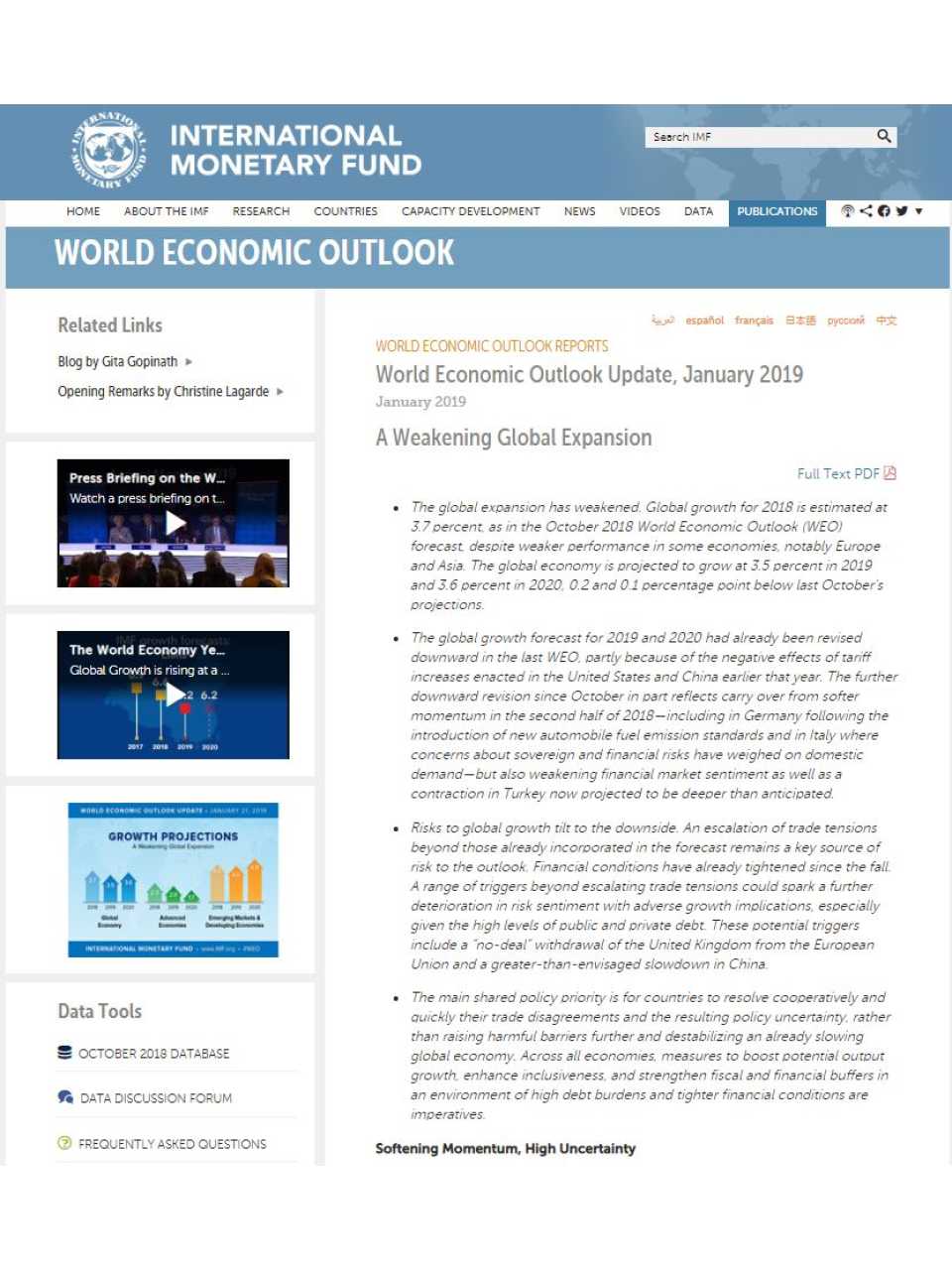 World Economic Outlook Update, January 2019