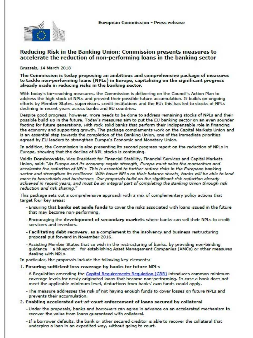 Reducing risk in the banking union: commission presents measures to accelerate the reduction of non-performing loans in the banking sector