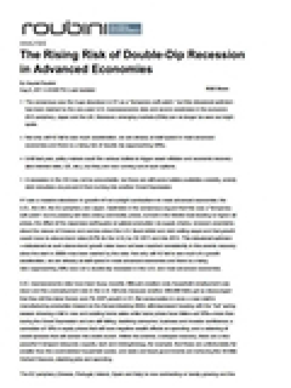 The Rising Risk of Double-Dip Recession in Advanced Economies
