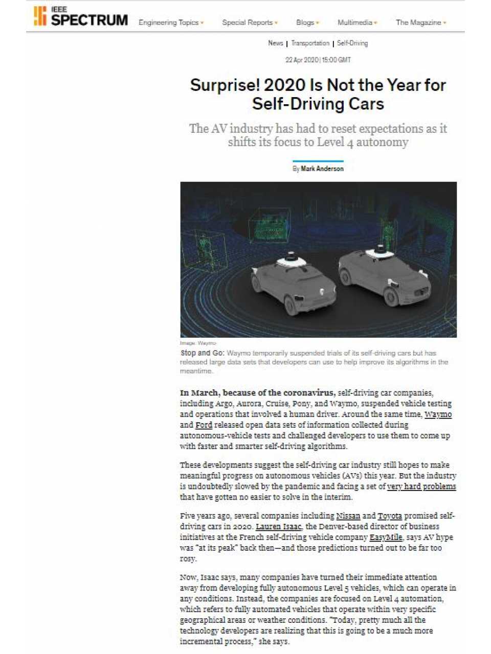 Autonomous vehicles - Surprise! 2020 Is Not the Year for Self-Driving Cars