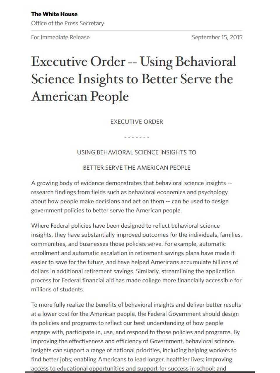 Executive Order Using Behavioral Science Insights to Better Serve the American People