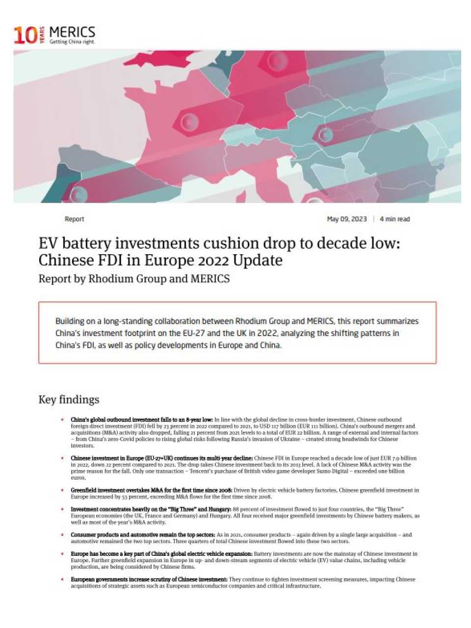 EV battery investments cushion drop to decade low: Chinese FDI in Europe 2022 Update