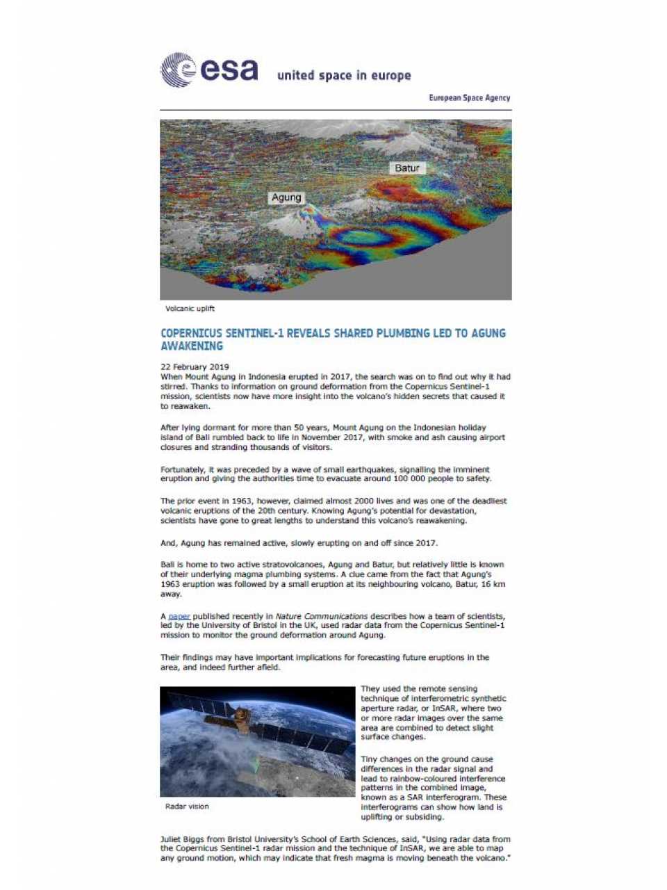 Copernicus Sentinel-1 Reveals Shared Plumbing Led to Agung Awakening