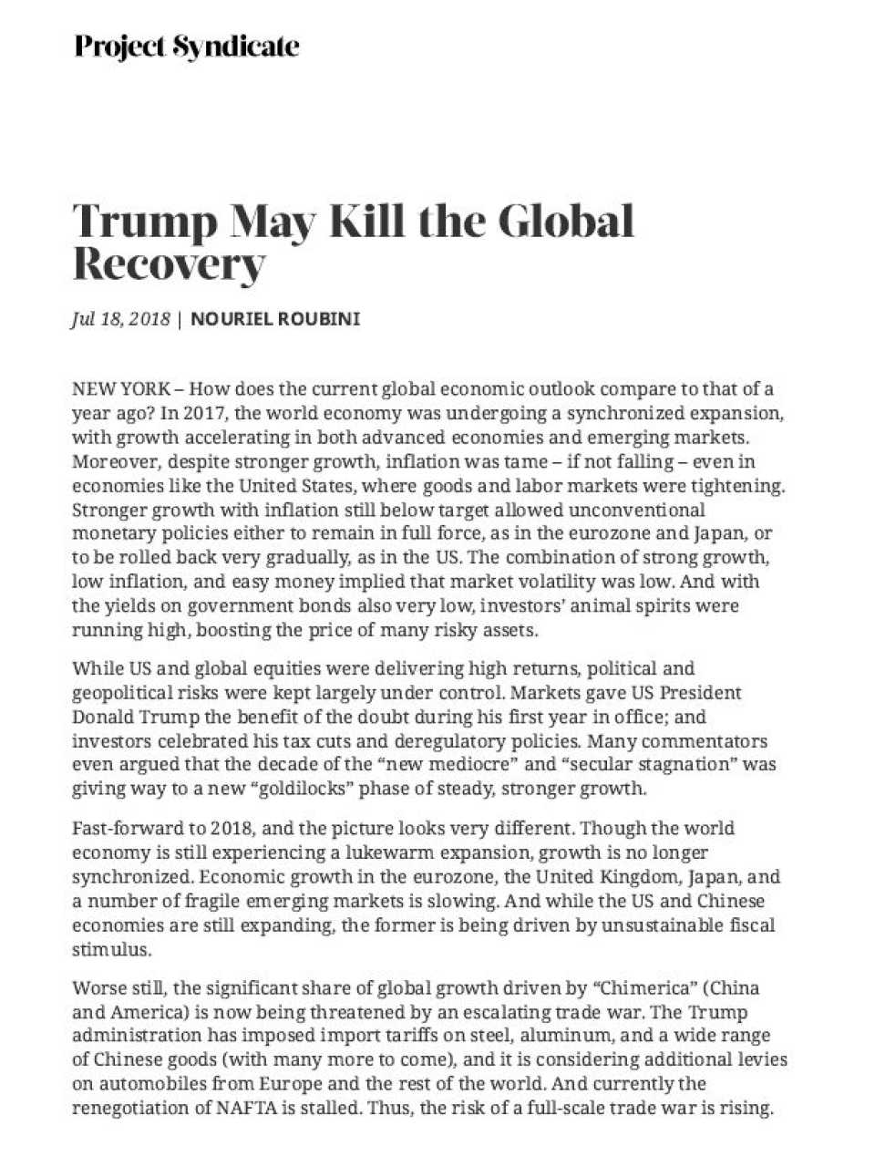 Trump May Kill the Global Recovery