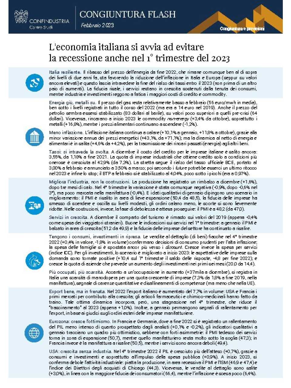 L'economia italiana si avvia ad evitare la recessione anche nel 1° trimestre del 2023