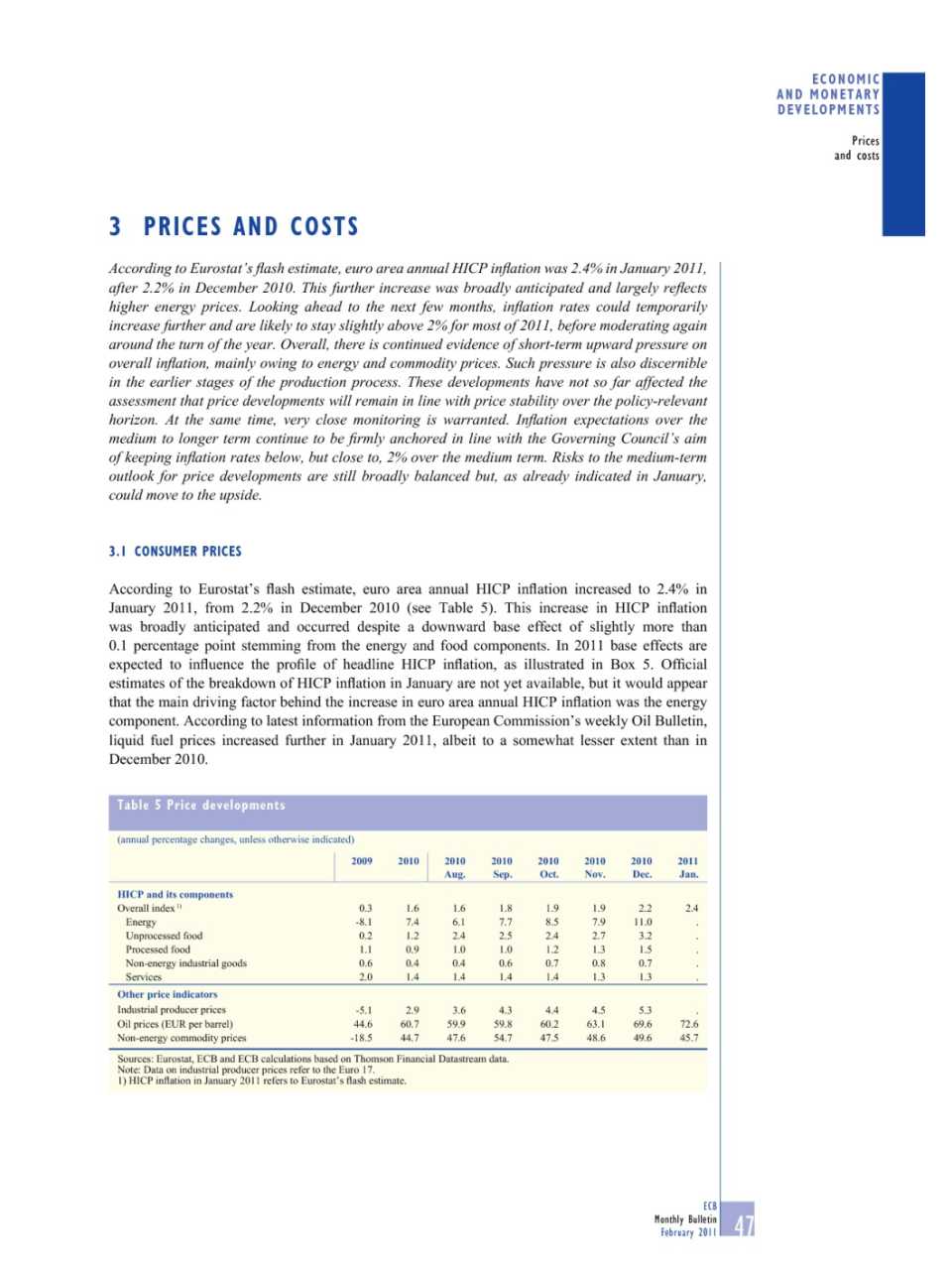 Prices and cost (Monthly Bulletin n. 2 - February 2011)