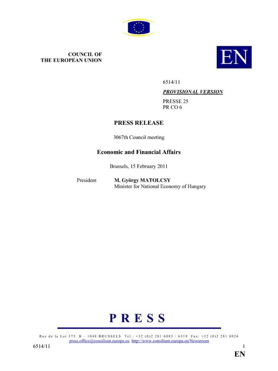 Press Release 3067th council meeting Economic and financial affairs