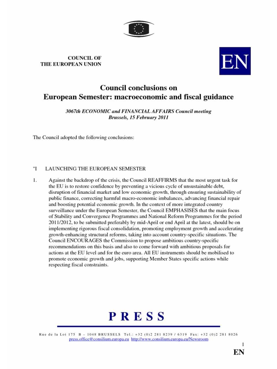 Council conclusions on European Semester: macroeconomic and fiscal guidance