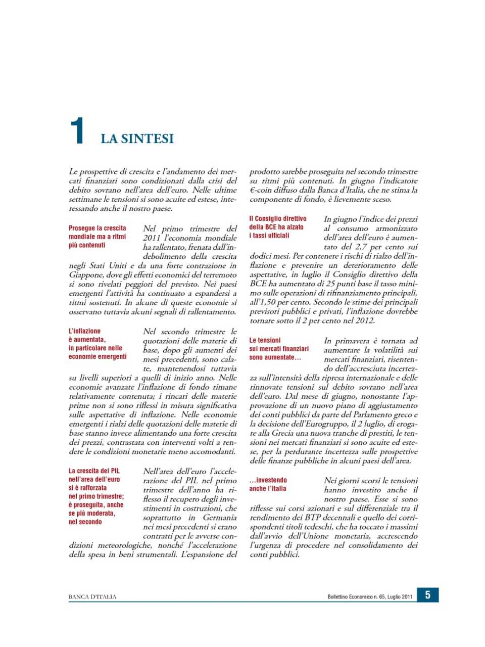 Bollettino Economico - La Sintesi