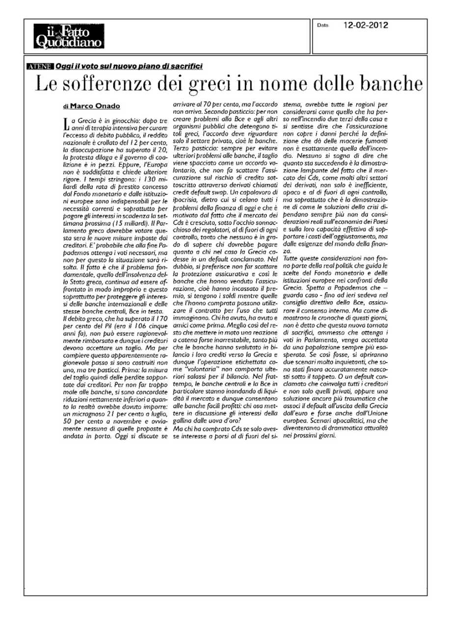 Le sofferenze dei Greci in nome delle banche