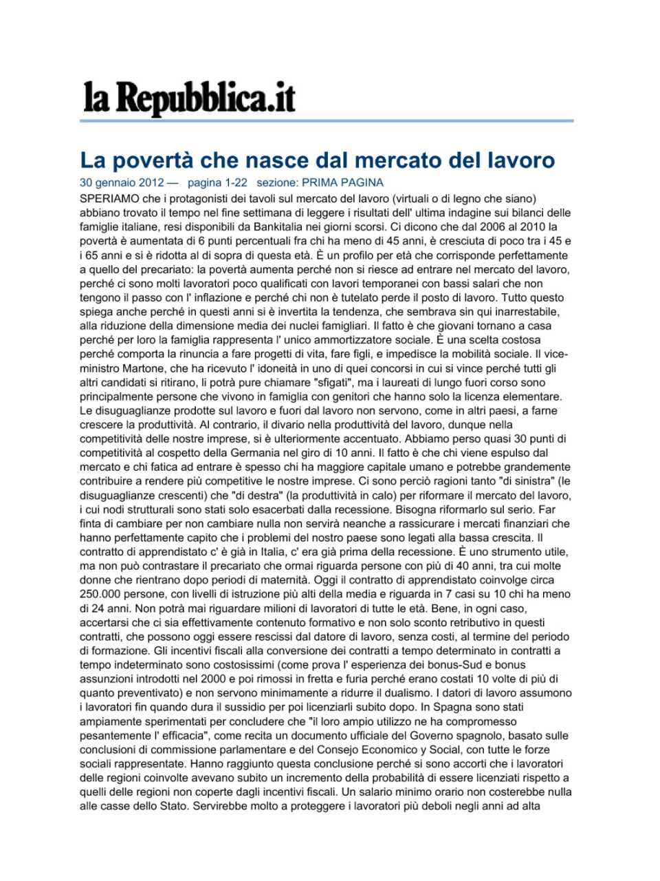 la povertà che nasce dal mercato del lavoro