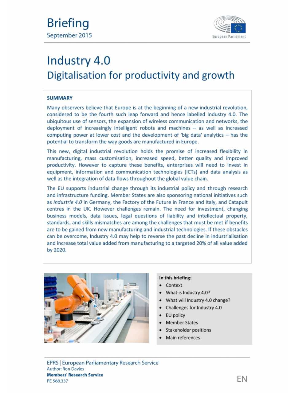 Industry 4.0 - Digitalisation for productivity and growth
