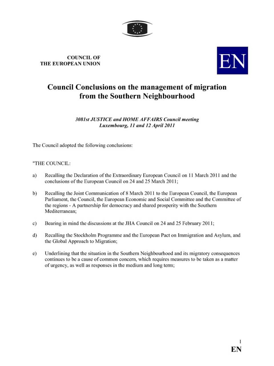 Council conclusions on the management of migration from the southern neighbourhood