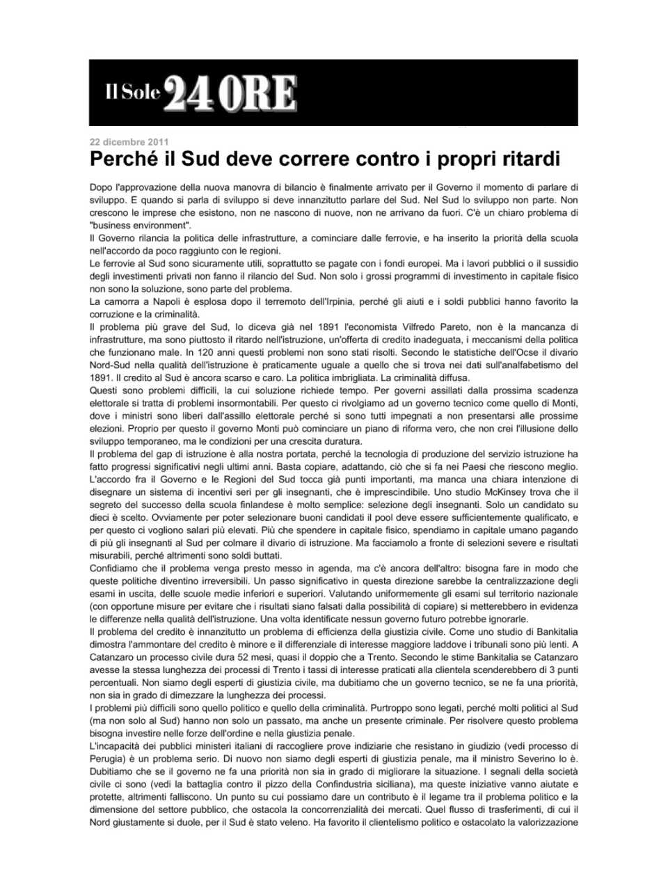 Perchè il Sud deve correre contro i propri ritardi