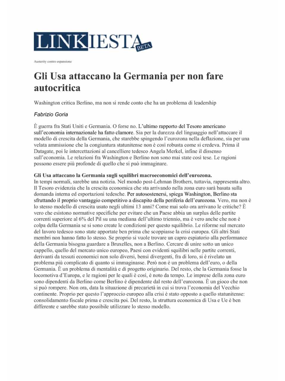 Gli USA attaccano la Germania per non fare autocritica
