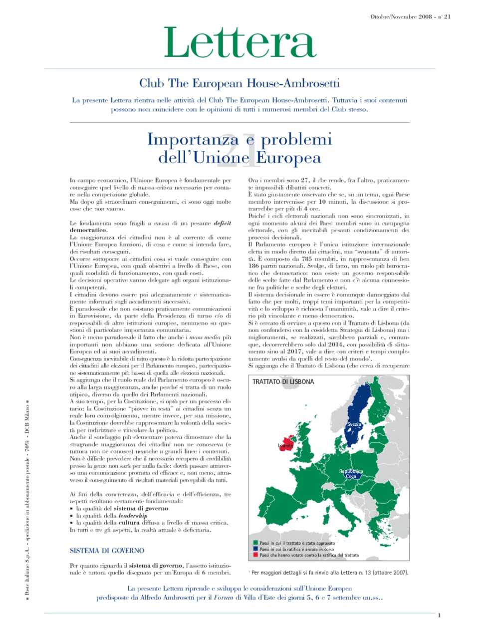 Lettera Club n. 21: Importanza e problemi dell'Unione Europea