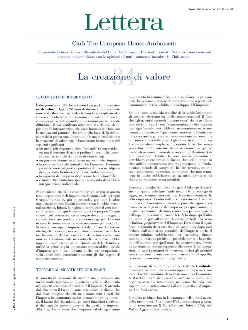 Lettera Club n. 34 - La creazione di valore