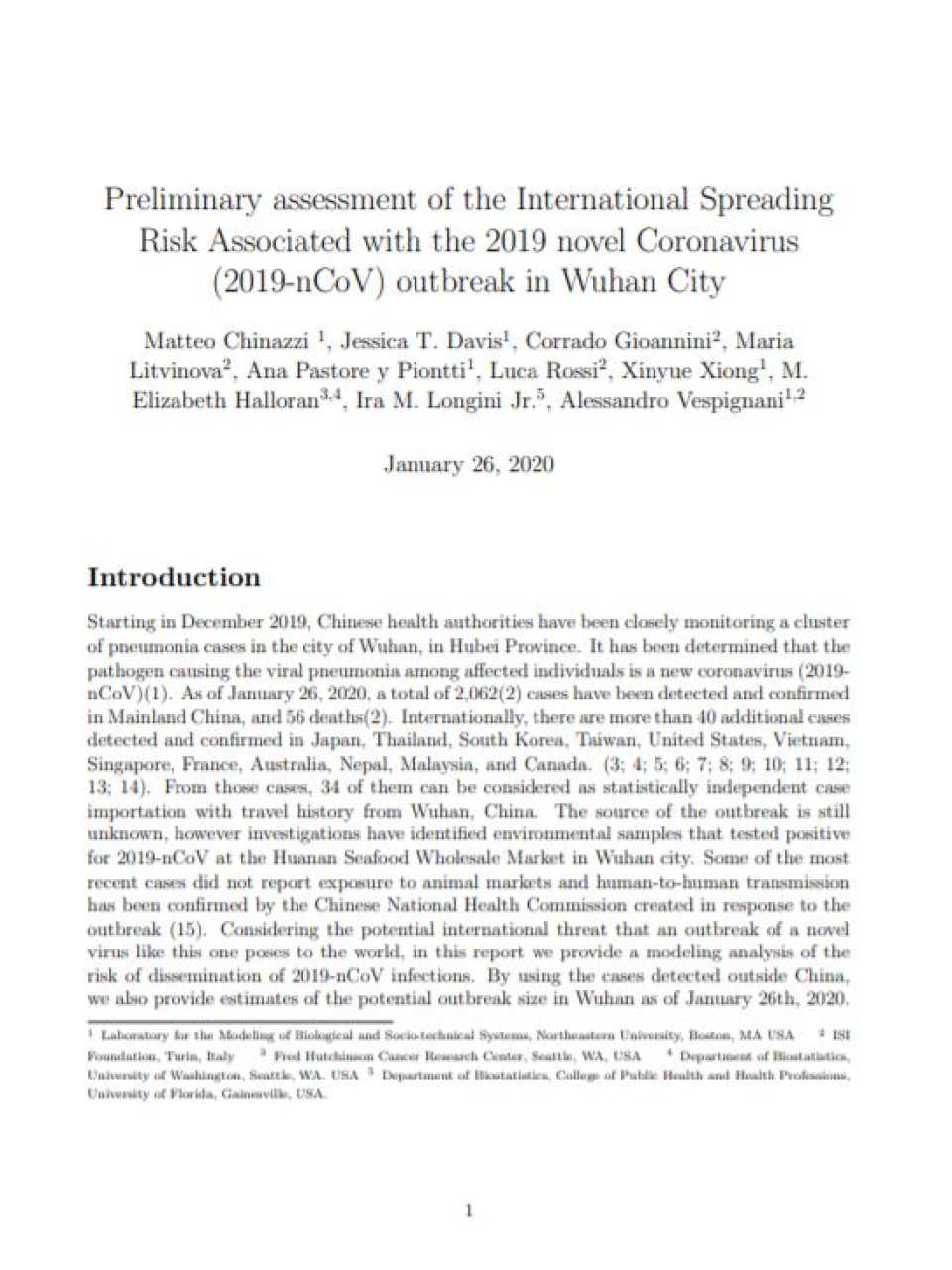 Preliminary assessment of the international spreading risk associated with the 2019 novel Coronavirus (2019-nCoV) outbreak in Wuhan city