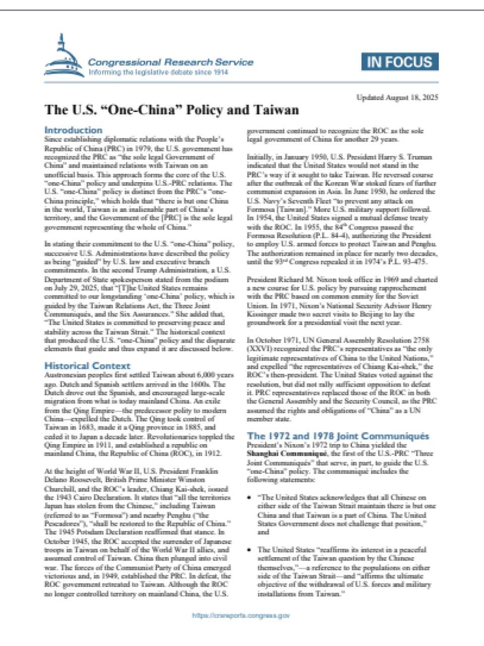 The U.S. “One-China” Policy and Taiwan